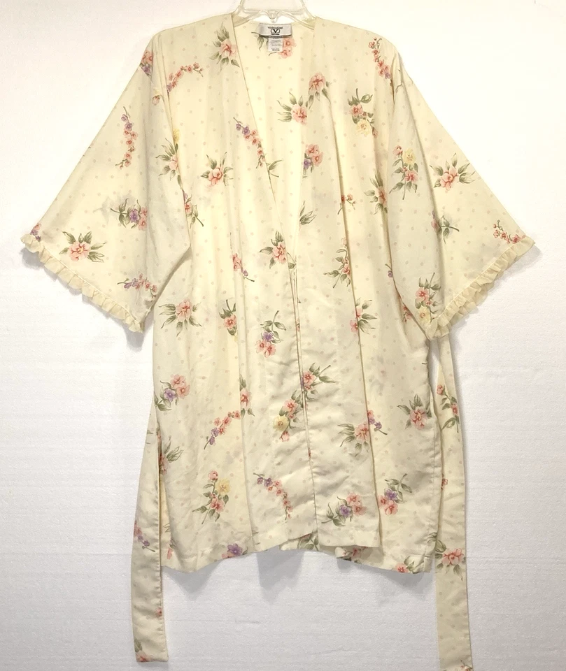 Roupão vintage Valentino íntimo M creme floral poliéster mangas 3/4 com cinto - Imagem 4 de 4