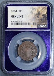 1864 2C UNION SHIELD TWO CENT PIECE KM# 94 NGC Genuine A7170