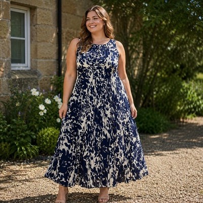 Jessica Howard Navy Floral Pleated Maxi Dress Sleeveless Size 12 Cottagecore