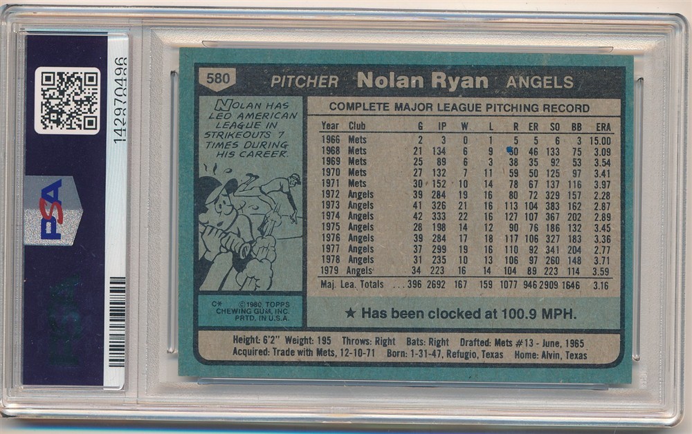 NOLAN RYAN 1980 TOPPS BASEBALL CARD #580 LOS ANGELES ANGELS PSA 8 NM-MT view 2