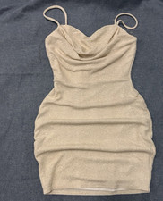 Windsor Beige Glitter Cowl Neck Bodycon Mini Dress Spaghetti Straps S