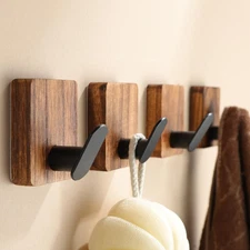 Towel Hooks for Bathrooms 4 Pack Adhesive Wood for Hanging Robes Towels Coat Key