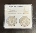 2021 Silver Eagle Type 1 & Type 2 2-Coin Set NGC MS70 $1 .999 Fine Silver