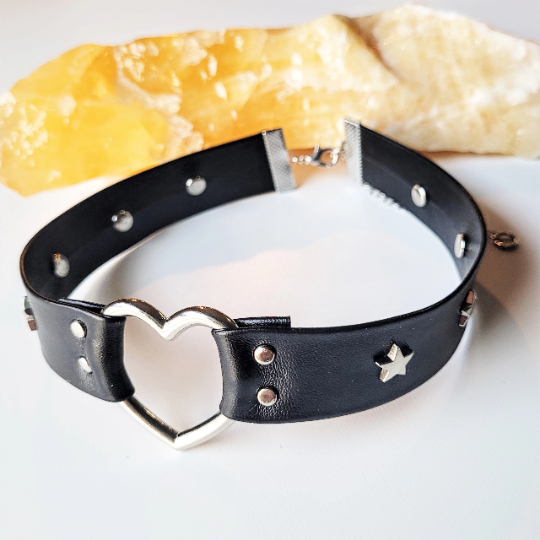 Goth Star Studded Heart O Ring Choker Black Vegan Leather