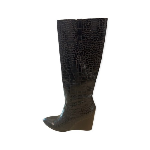 Y2K Brown Leather Heel Boots Womens 38 / 7.5 Embossed Croc Print Designer - Picture 1 of 6