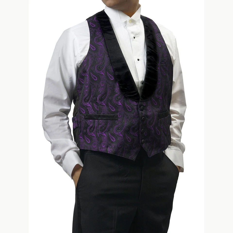 Mens Vintage Purple Brocade Tuxedo Vest Reverses to Solid Black - Image 3 of 4