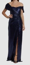  850 Badgley Mischka Women's Blue Off-Shoulder Sequin Column Gown Dress Size 8
