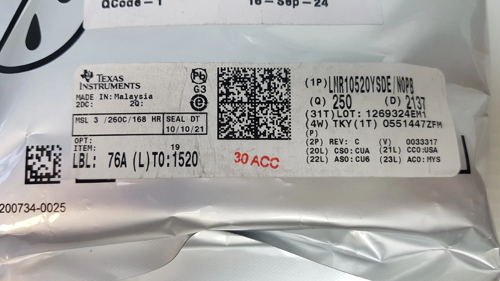 TI label close-up: LMR10520YSDE/NOPB, Q 250, date code 2137, MSL 3 260C 168 HR, made in Malaysia
