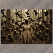 Art Print Weird Creepy Birds Girl Masks Cult Horns Woods Halloween Unusual