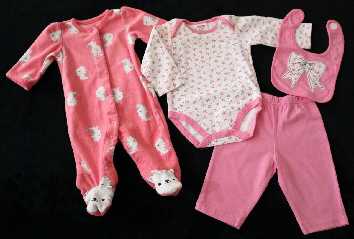Baby Girl s Outfits PINKS CAT Pajamas BOWS 3 Piece Set Lot of 2