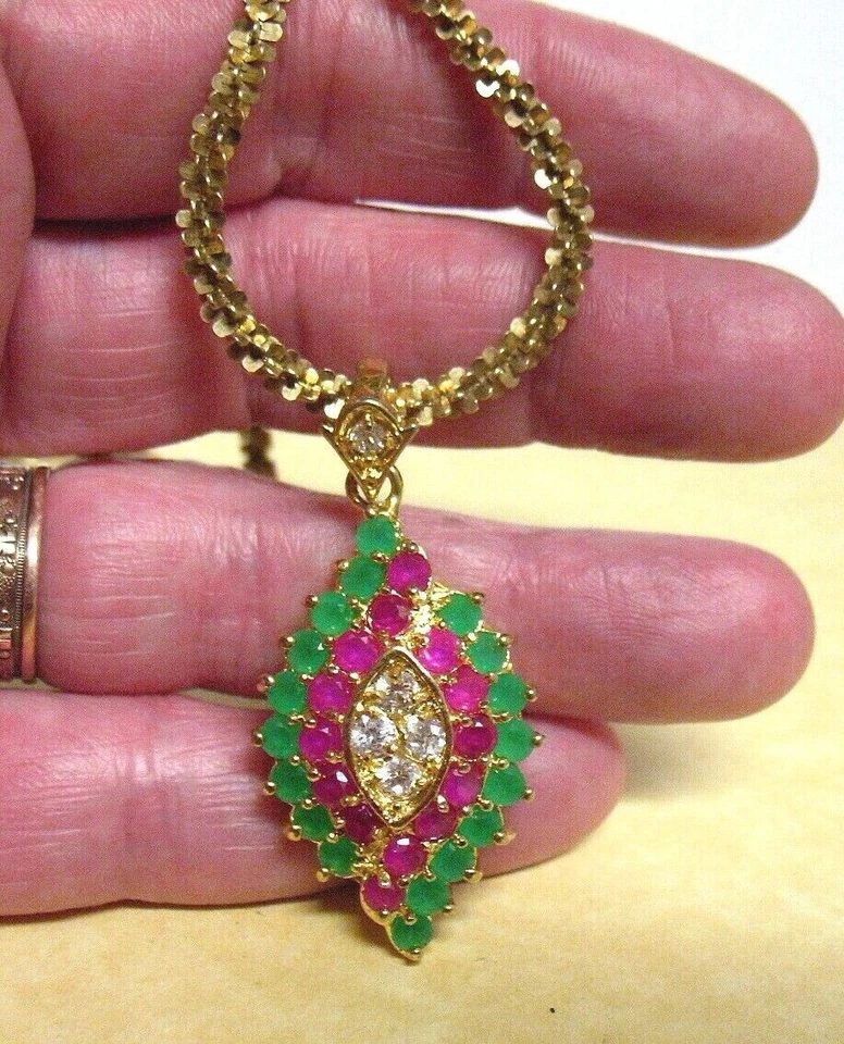 COLLAR COLGANTE EN CADENA ORO PLATA ESTERLINA VERDE ROJO PIEDRA TRANSPARENTE 20 GRAMOS Foto 2 de 2
