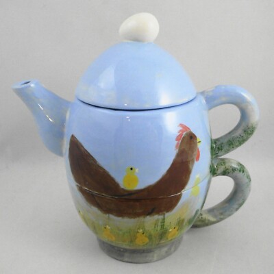 Rooster Chicken Hen Chicks Tea For One Teapot Cup Set Art Pottery Painted Signed