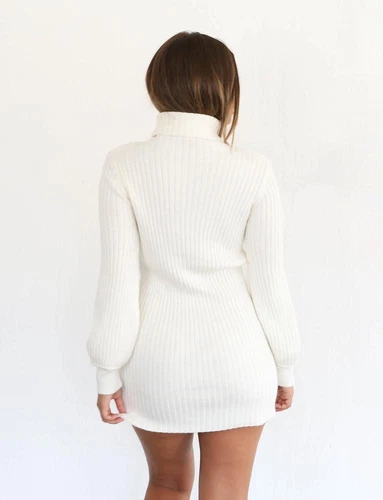 Damen Bodycon Rollkragen Einfarbig Slim Fit Langarm Tailliert Strickkleid Se - Bild 7 von 28