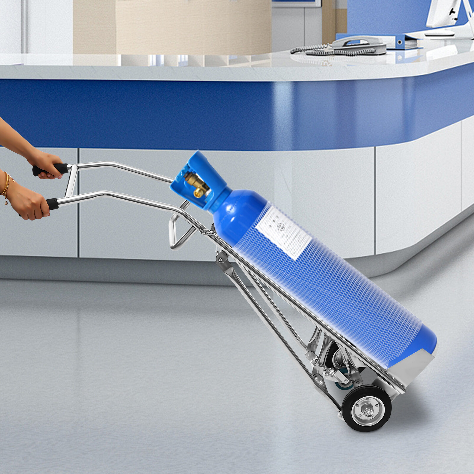 Oxygen Tank Cart Dolly Freestanding Oxygen Cylinder Cart Bottom Tray Trolley