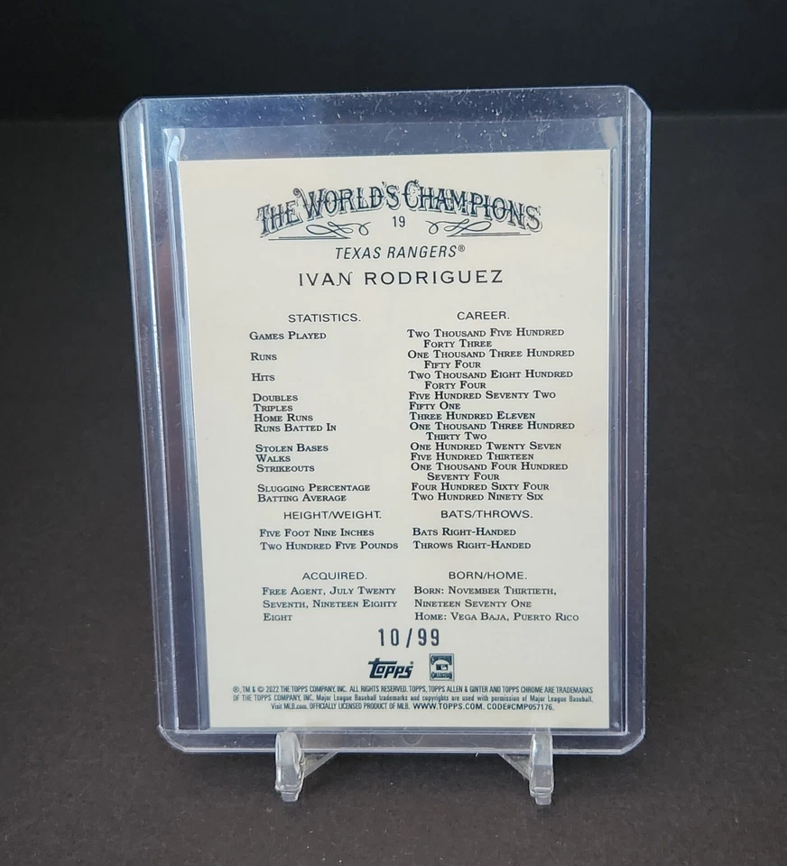 2022 Allen & Ginter Chrome Ivan Rodriguez Green Refractor /99 Rangers HOF #19 - Image 2 of 3