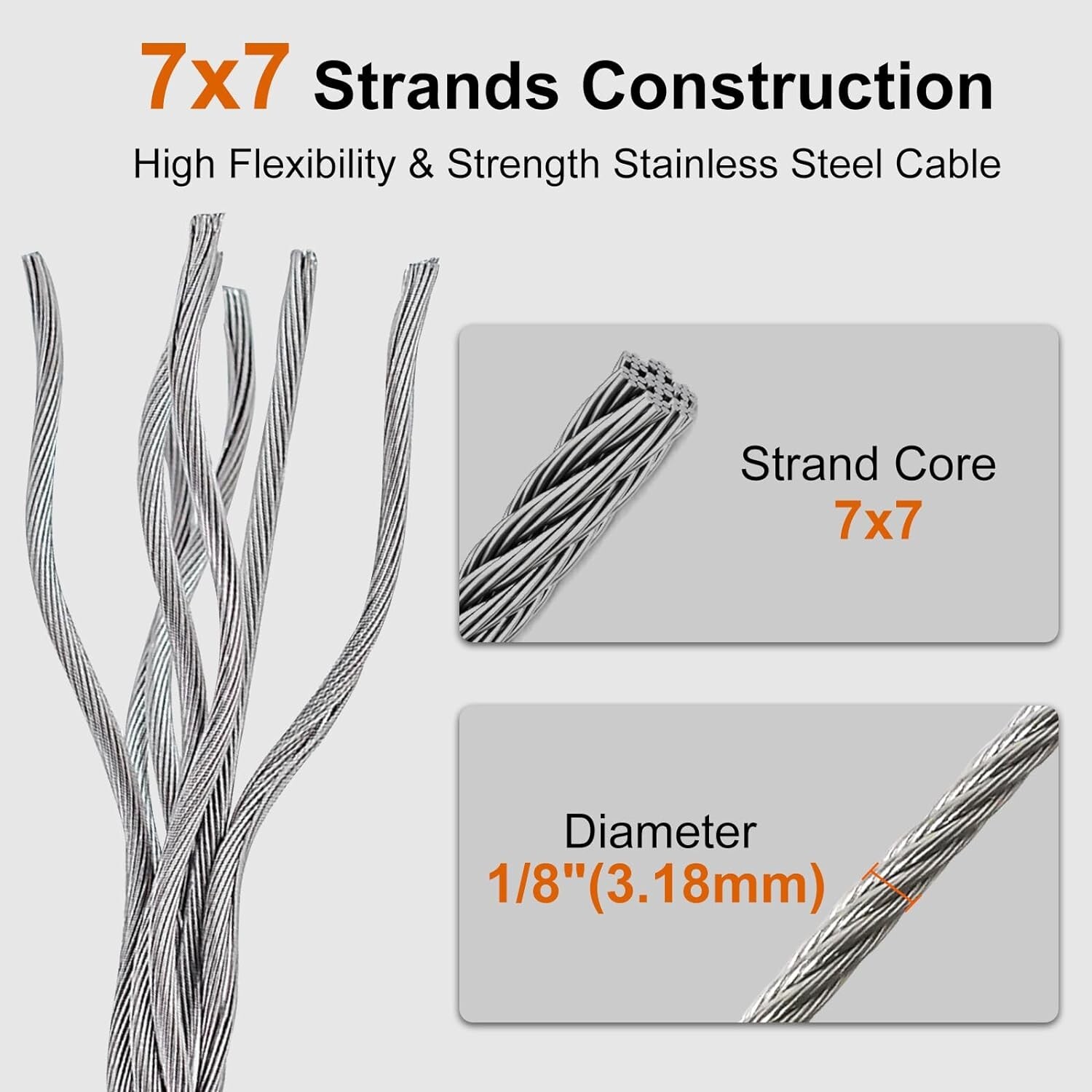 Versatile 100ft Stainless Steel Cable - 1/8" Wire Rope with Loop Sleeve Included