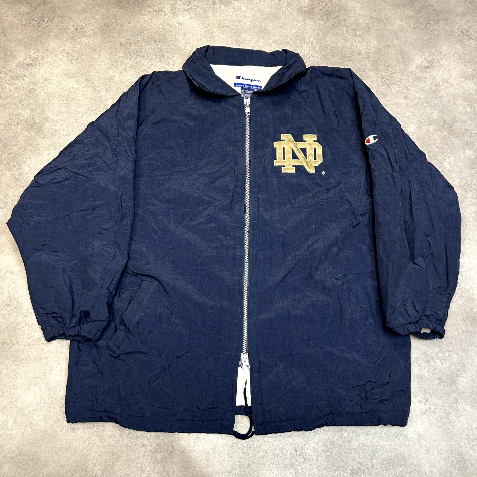 Champion Notre Dame Jacket Mens Large Vintage Full Zip Lined Windbreaker Navy