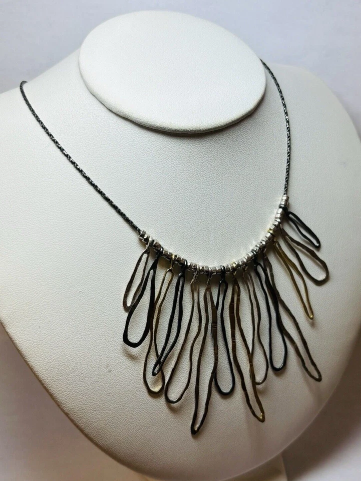 Or Paz Sterling 925 Silver Tri Color Hammered Dangle Statement Necklace 16 in - Image 4 of 4