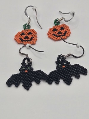 Beaded Jack-o-lantern and Bat Earrings Halloween Goth Punk Alternative Whimsical