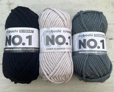 3 x 50g MyBoshi No 1, Mützengarn Schnellstrickgarn  Schwarz,Elfenbein,Titangrau