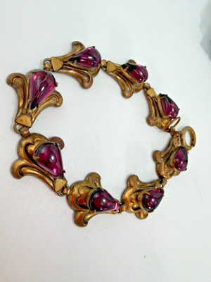 Vintage Bracelet Teardrop Purple Glass Brass Flourish Chain 8 Inches Estate