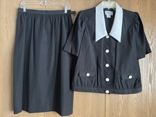 Vintage 1980 s Lesley Fay Skirt Blouse Set, Black White, Size 14