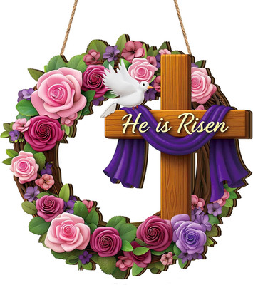 He Is Risen Easter Decorations, Christian Easter Wooden Wreath for Front Door De