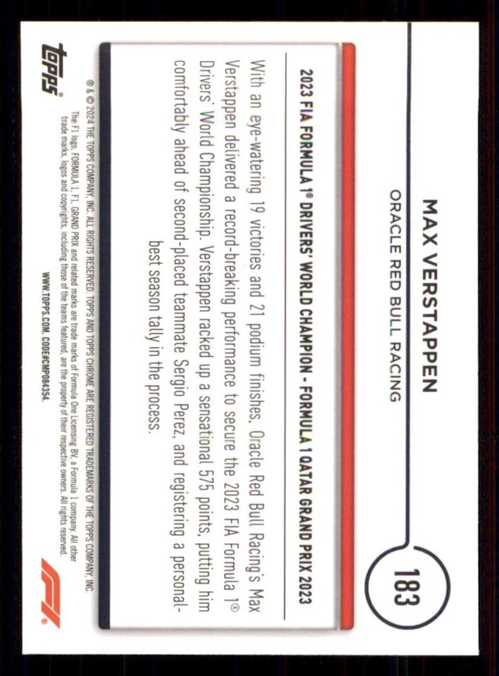 2024 Topps Chrome Formula 1 Black and White RayWave #183 Max Verstappen AW - Image 2 of 2