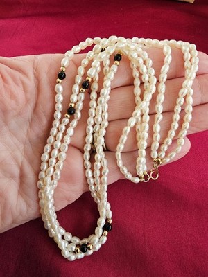 14k Gold Freshwater Pearl Onyx  Bead Multi Strand Station Necklace 18'' 