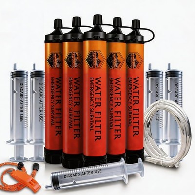5-Pack Portable Water Filter Straw with Whistle - Survival Gear for Camping, Hik