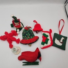Vintage Christmas Ornaments Lot Handmade Crochet Fabric Bell Cardinal Elf