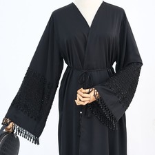 Beaded Open Kaftan Abaya Dubai Women Muslim Long Dress Cardigan Kimono Arab Gown