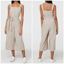 Beach Lunch Lounge Talia Linen Tan Beige Striped Wide Crop Leg Belted Jumpsuit M