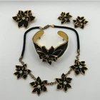Vintage Black Velvet Gold Tone Floral Necklace Set Art Deco Glam Estate Jewelry