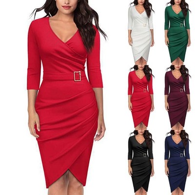 Damen Arbeit V-Ausschnitt Bodycon Kleid Cocktail Party Abend 3/4 Arm Midikleid