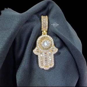 Authentic Iced Out Hamsa Hand Pendant 14K Gold Plated Cz Evil Eye Necklace Rope W Rope