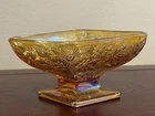 Vintage Indiana Glass Amber Iridescent Carnival Pedestal Diamond Candy Dish Bowl