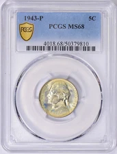 1943 P 5C Jefferson War Nickel PCGS MS68 Pastel Rainbow Toned Amazing Luster Wow