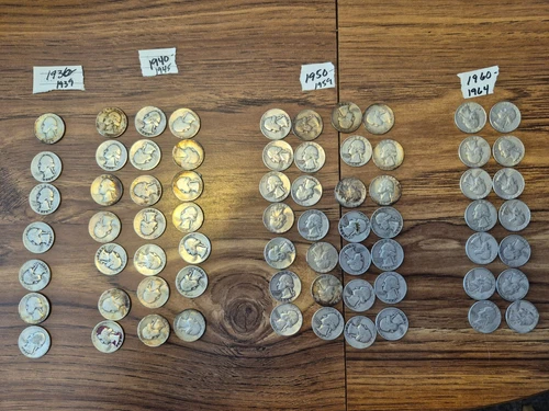 Lot 0f 70 Washington Quarters 90% US Minted Silver Coins Various Dates to 1964