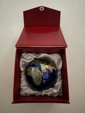 Gemstone Globe Paperweight Blue 3”, 25 precious stones; original snap close box