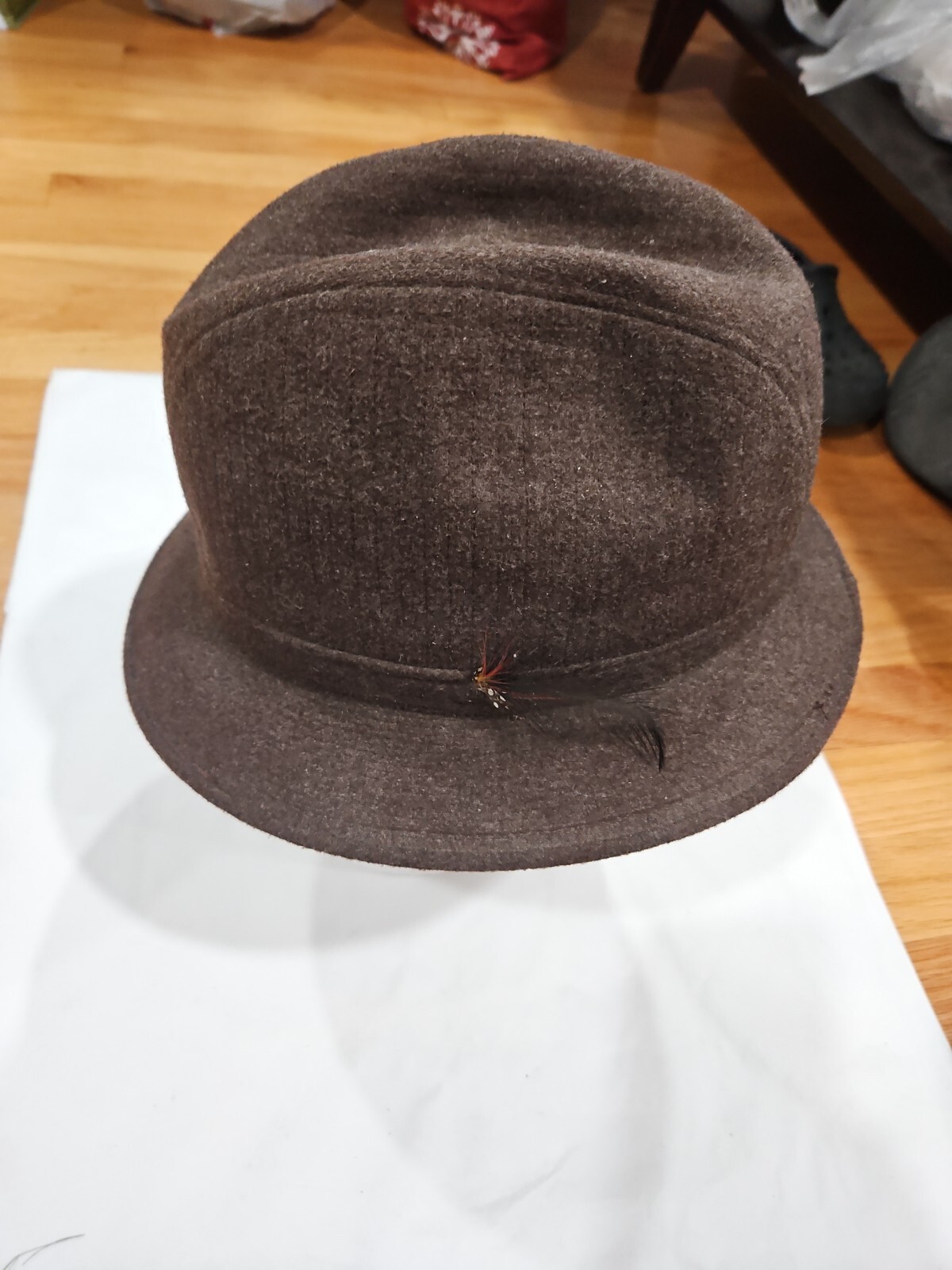 Vintage Sears Brown Wool Feather Fedora Hat Size 7-7 1/8 Mens Medium