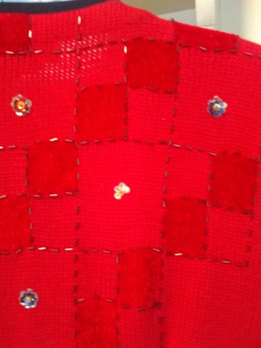 Berek By Takako Red Teacher Black Beaded sequin button M Knit Christmas Cardigan - Picture 9 of 12