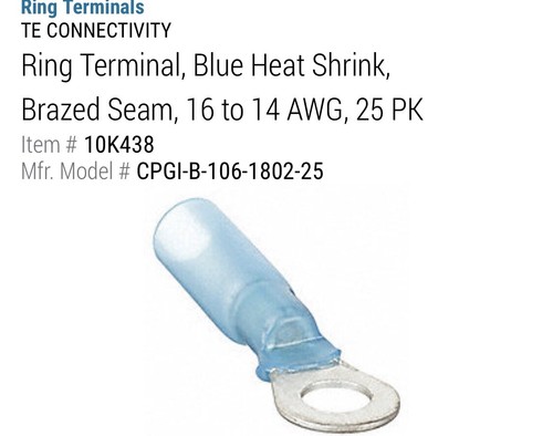 Heat Shrink Ring Terminals 16-14 AWG CPGI-B-106-1802-25 (NEW) Qty-25 Free Ship! - Picture 3 of 9