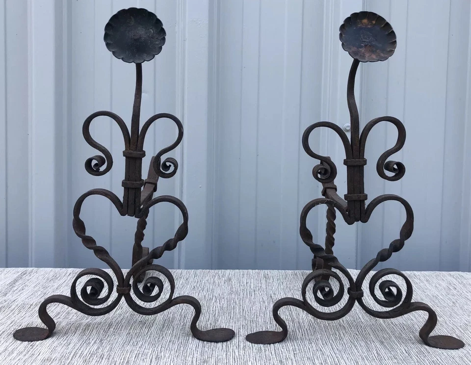 "Par de andirrones antiguos de girasol de hierro y cobre 16"" X 11"" X 9" Foto 2 de 4