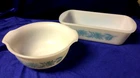 Vtg Glasbake Aqua Blue Thistle Round Casserole Dish - 1 Qt & Loaf Pan