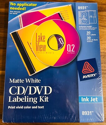 Avery Ink Jet 8931 CD/DVD Labeling Kit 30 Disc Labels & 30 Inserts *NEW ...