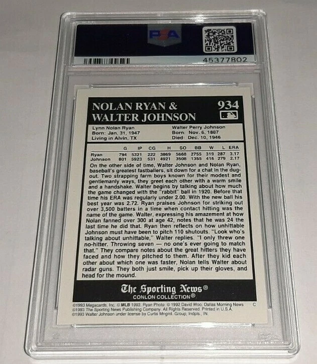 1993 Conlon Collection #934 Walter Johnson & Nolan Ryan Card PSA 9 Mint Pop 18 - Image 2 of 2