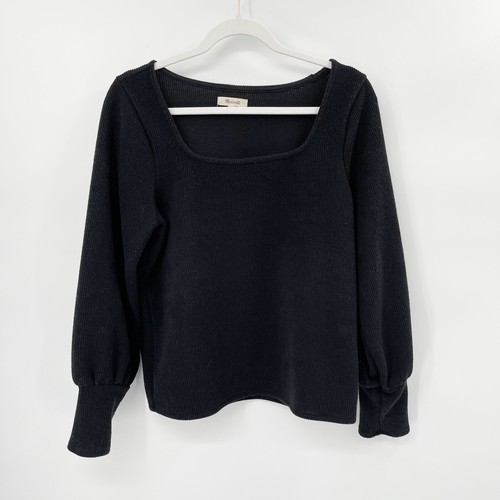 Madewell Ottoman Rib Square Neck Top Black Size L Long Bishop Sleeve  Stretch | eBay