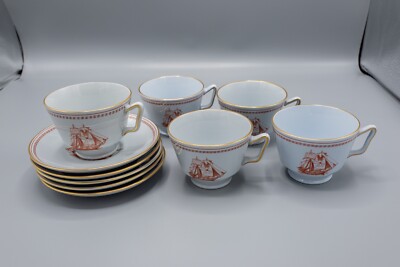 Spode Trade Winds Red London Cups and Saucers Set of 5 - FREE USA SHIPPING