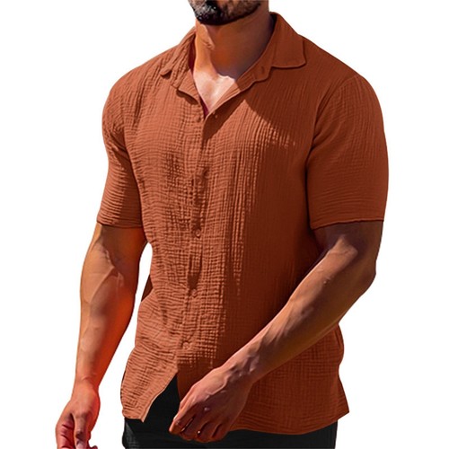 Men's Casual Button Down Shirts Short Sleeve Beach Linen Cotton Summer Shirt - Picture 5 of 17